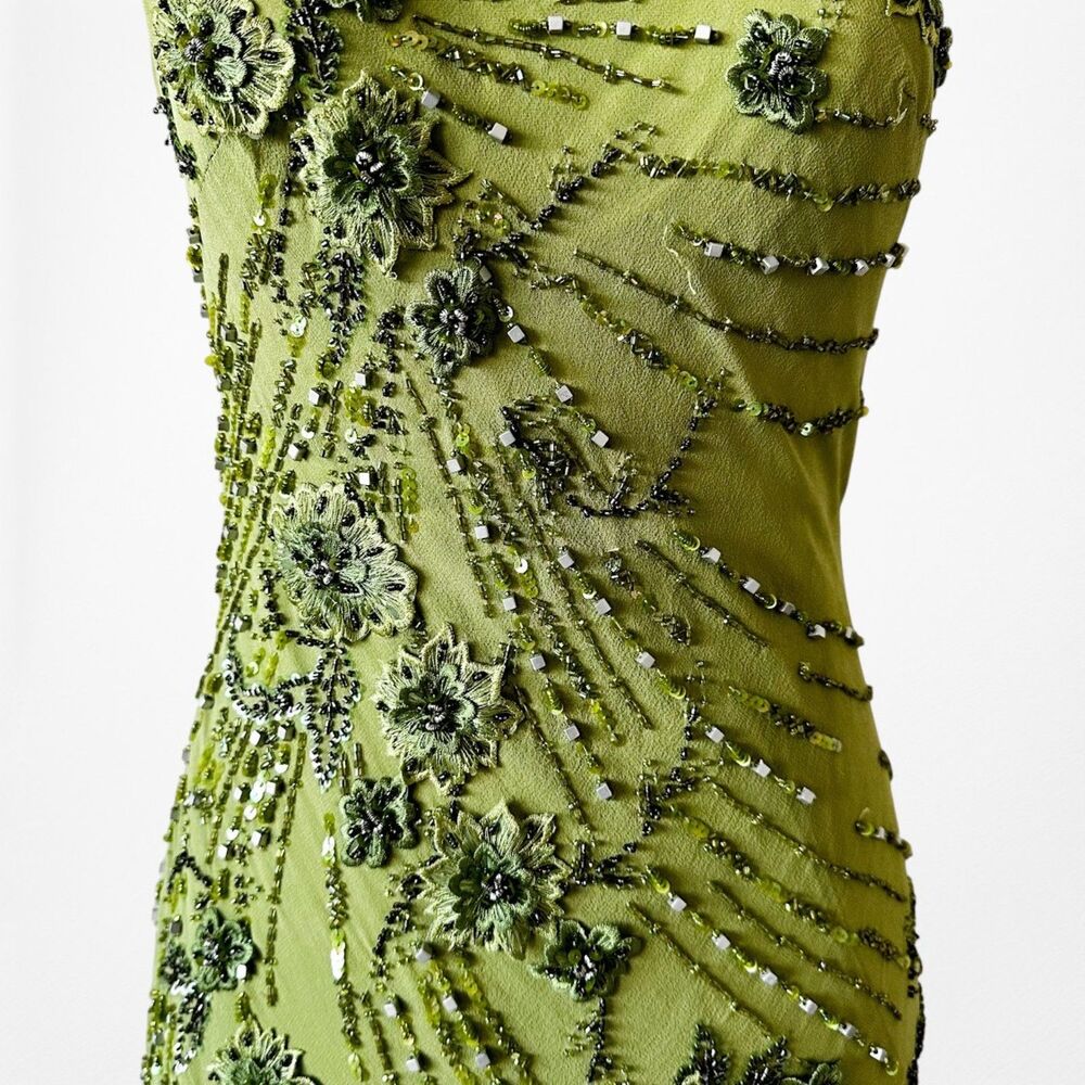 Vintage Y2K Olive Green Floral Beaded Bodycon Prom Shawl Dress Size S - Picture 14 of 17